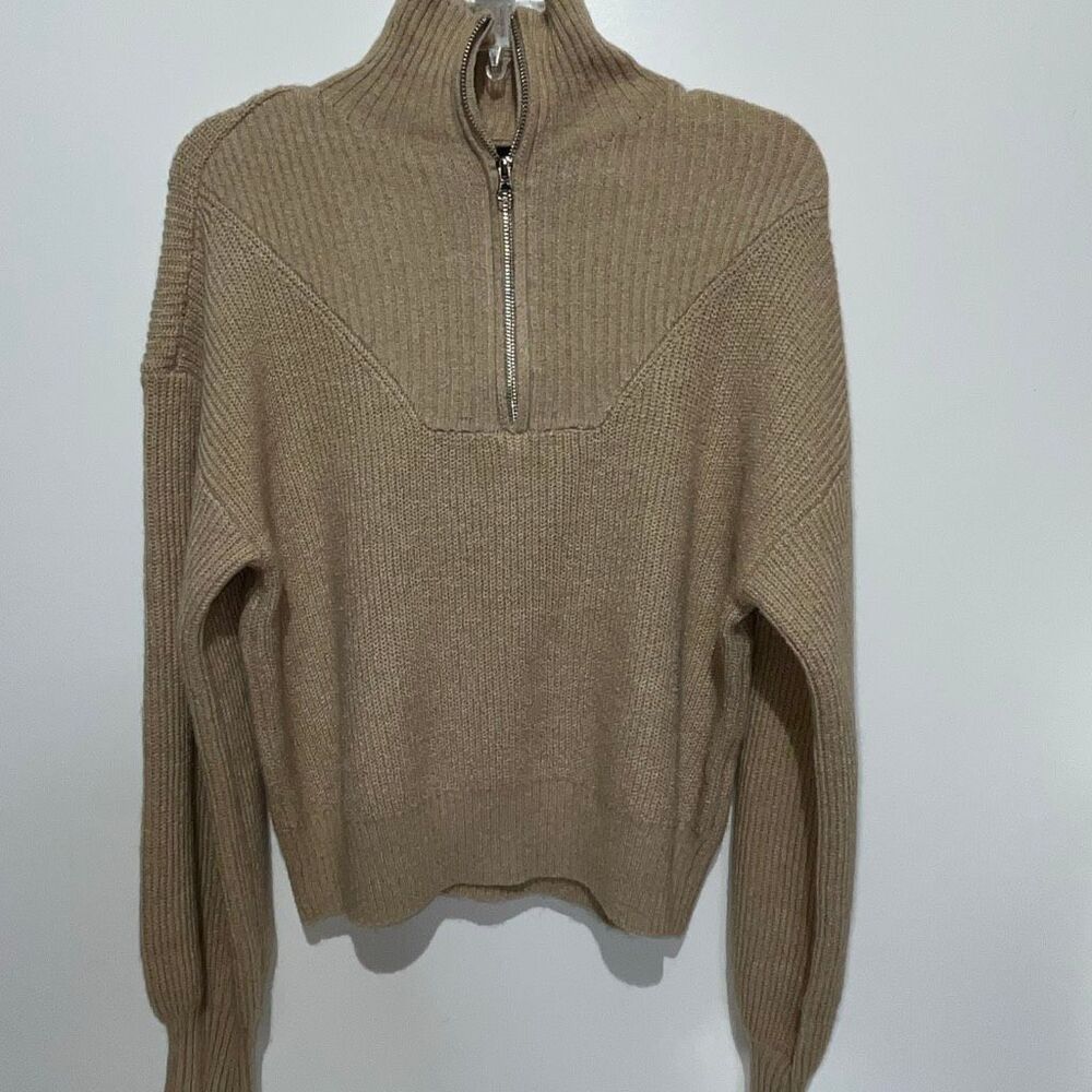 Ambiance Apparel Women's Tan Ribbed Knit Quarter Zip Mock Neck Sweater Large NWT